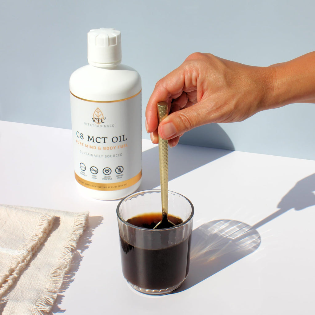 VTC VitaTradingCo. 100% Pure C8 MCT Oil | 3X Distilled Caprylic Acid | Healthy Fat for Clean Energy | Sustainably Sourced | Non-GMO, Paleo, Keto | 32oz, 64 Servings (Unflavored)