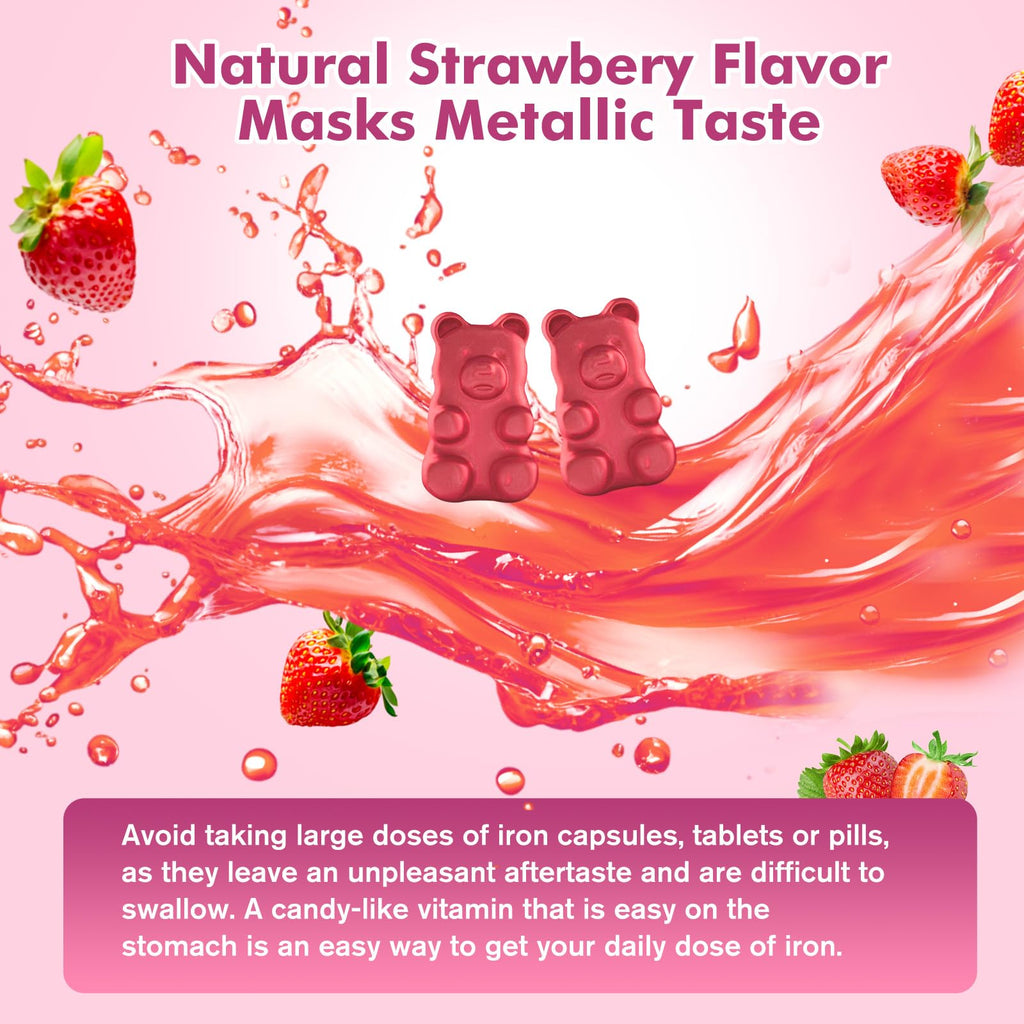 Iron Supplement for Women & Men Gummies, Multivitamin Blood Builder Iron Supplement with Folate Vitamin C B12 B6 Zinc for Adults & Kids - Energy Support - Strawberry Flavor, Vegan 60 Gummies