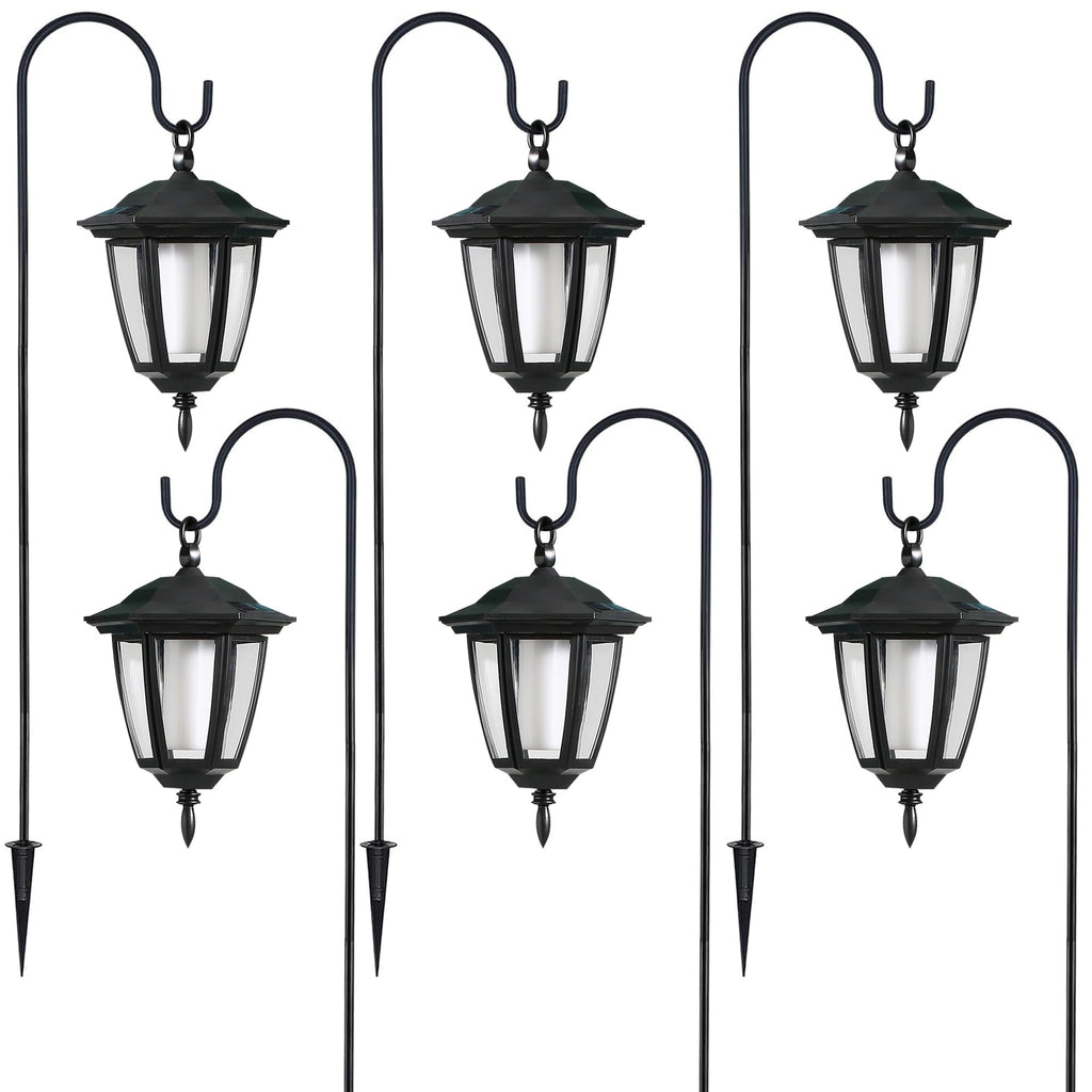 Dynaming 6 Pack Solar Flame Hanging Lights Outdoor, Halloween Solar Flickering Flame LED Garden Lanterns with 6 x 38 Inch Shepherd Hooks, Christmas Lighting for Lawn Patio Yard Pathway Driveway