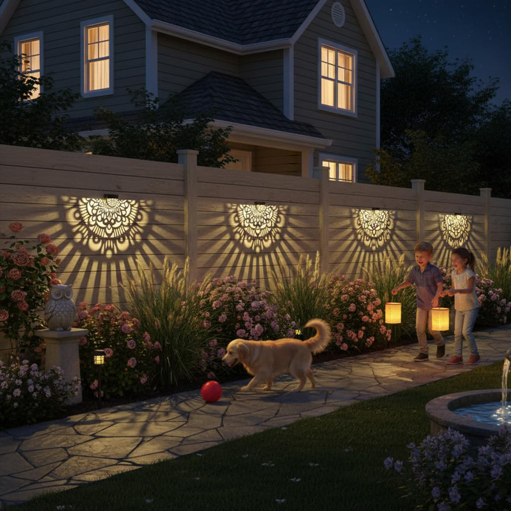 EKQ 6 Pack Solar Fence Lights Outdoor Wall Lights Black Plastic Solar Powered Deck Step Stair Lights Mandala Theme Waterproof Fence Solar Light for Garden Post Patio Backyard Yard Decor