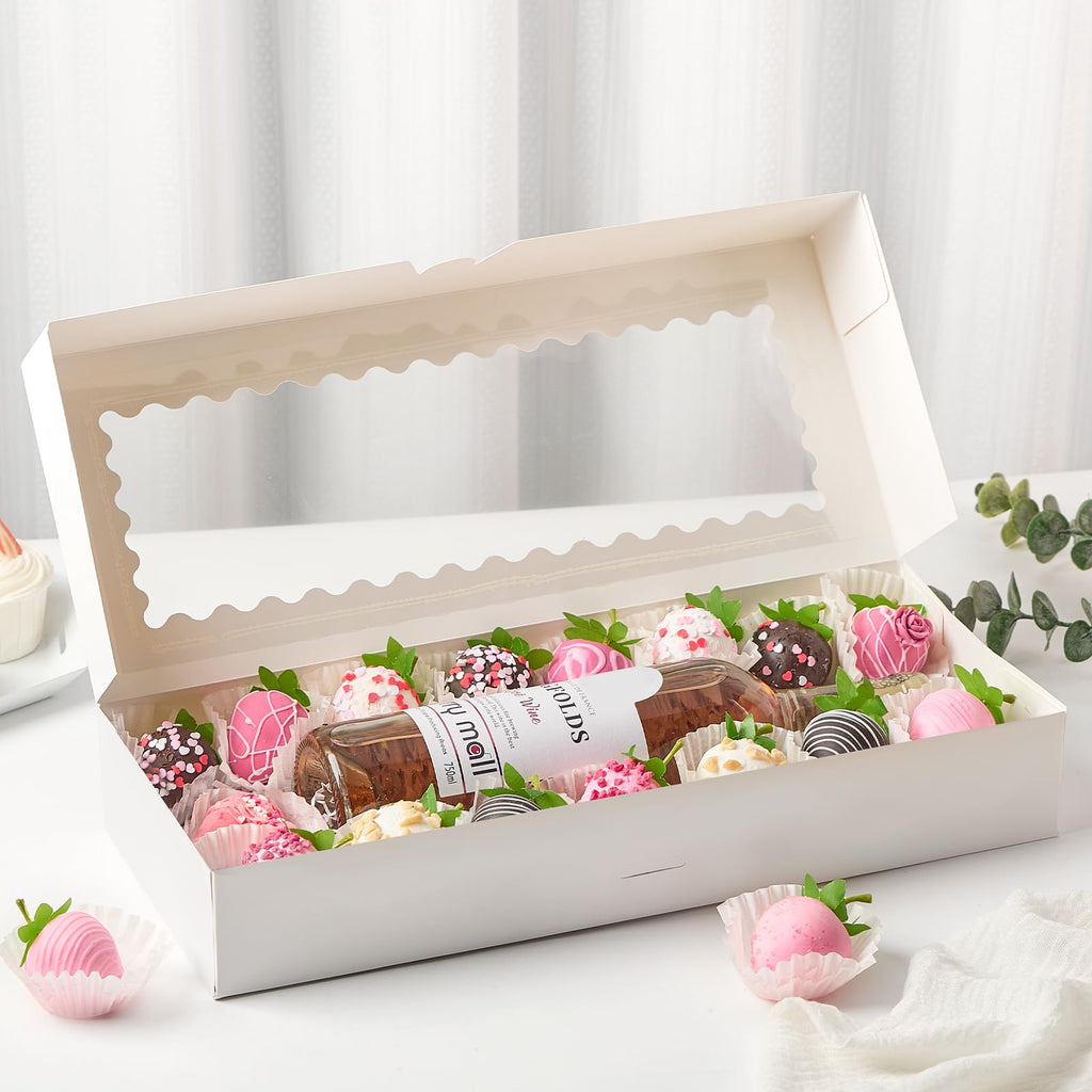 Ocmoiy 20 Pack Cookie Boxes, 16x6.5x2.5 Inch Bakery Boxes with Window, Auto-Popup Treat Box for Chocolate Covered Strawberries, Cocoa Bombs, Donuts, Muffins, Pastries