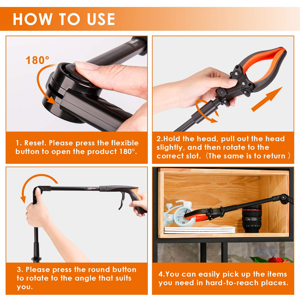 THINKWORK Grabber Reacher Tool, 0°-180° Angled Arm, 90° Rotating Head, 32” Foldable Claw Grabber with"LED Light", Garbage Collector, Arm Extension Picker for Elderly, Pregnant Women&Sanitation Workers