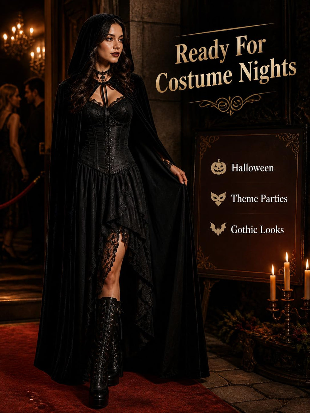 Vampire Super Long Shawl,Halloween Black Cloak Adult Hooded Cape