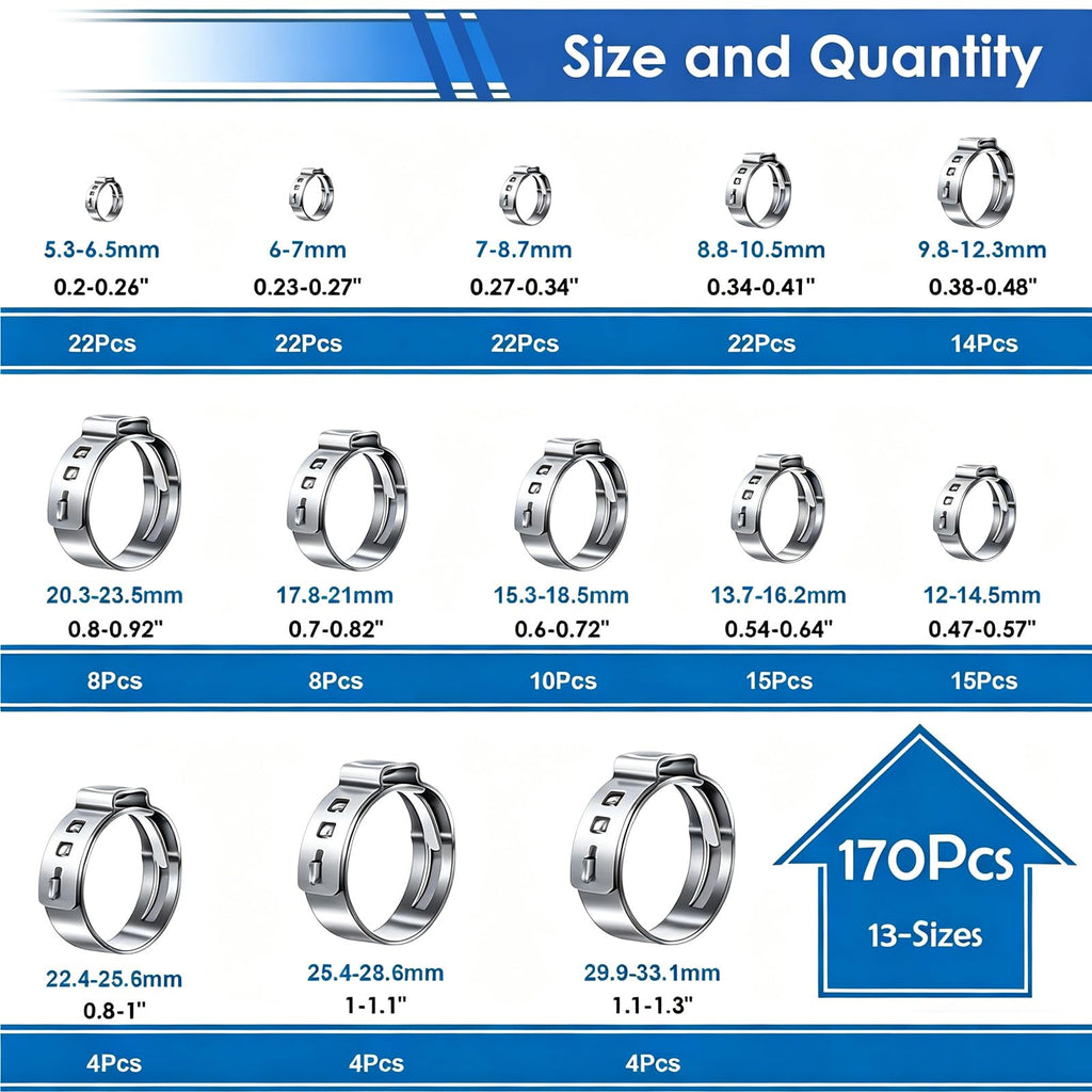 Seept 170Pcs 13 Sizes 304 Stainless Steel Single Ear Hose Clamps 5.3-31.6mm Crimp Hose Clamps Assortment Kit Perfect for Automotive/Home Appliance/Water Pipe and Fuel Line