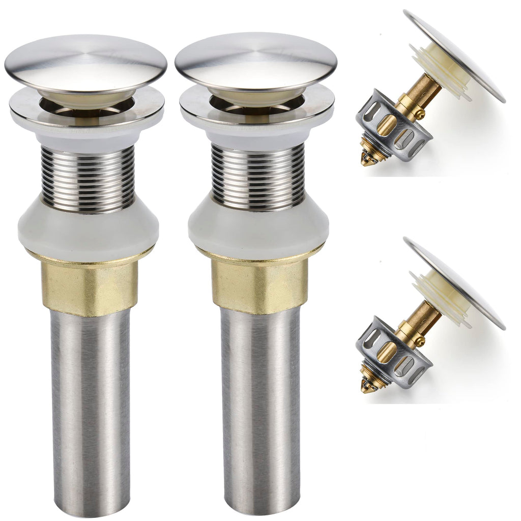 Rockgoya Bathroom Sink Drain,2 Pack Drain Stopper Bathroom Sink Without Overflow,Pop Up Drain Assembly with Detachable Strainer Basket,Built-in Anti-Clogging Strainer,Stainless Steel Brushed Nickel