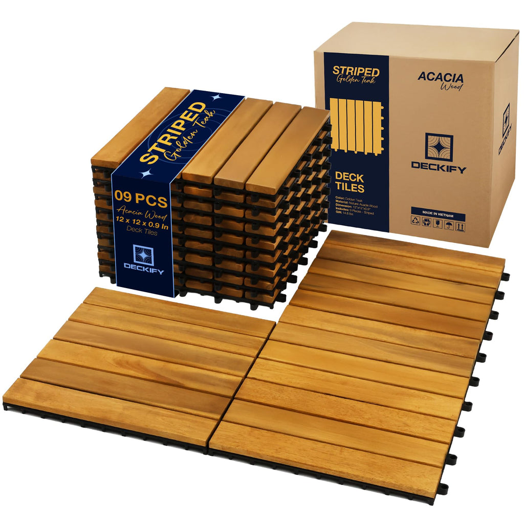 DECKIFY 9Pcs Premium Acacia Wood Interlocking Patio Deck Tiles, 12 x 12 x 0.9 Inch Outdoor Flooring, Waterproof for All-Weather Use – Striped, Golden Teak