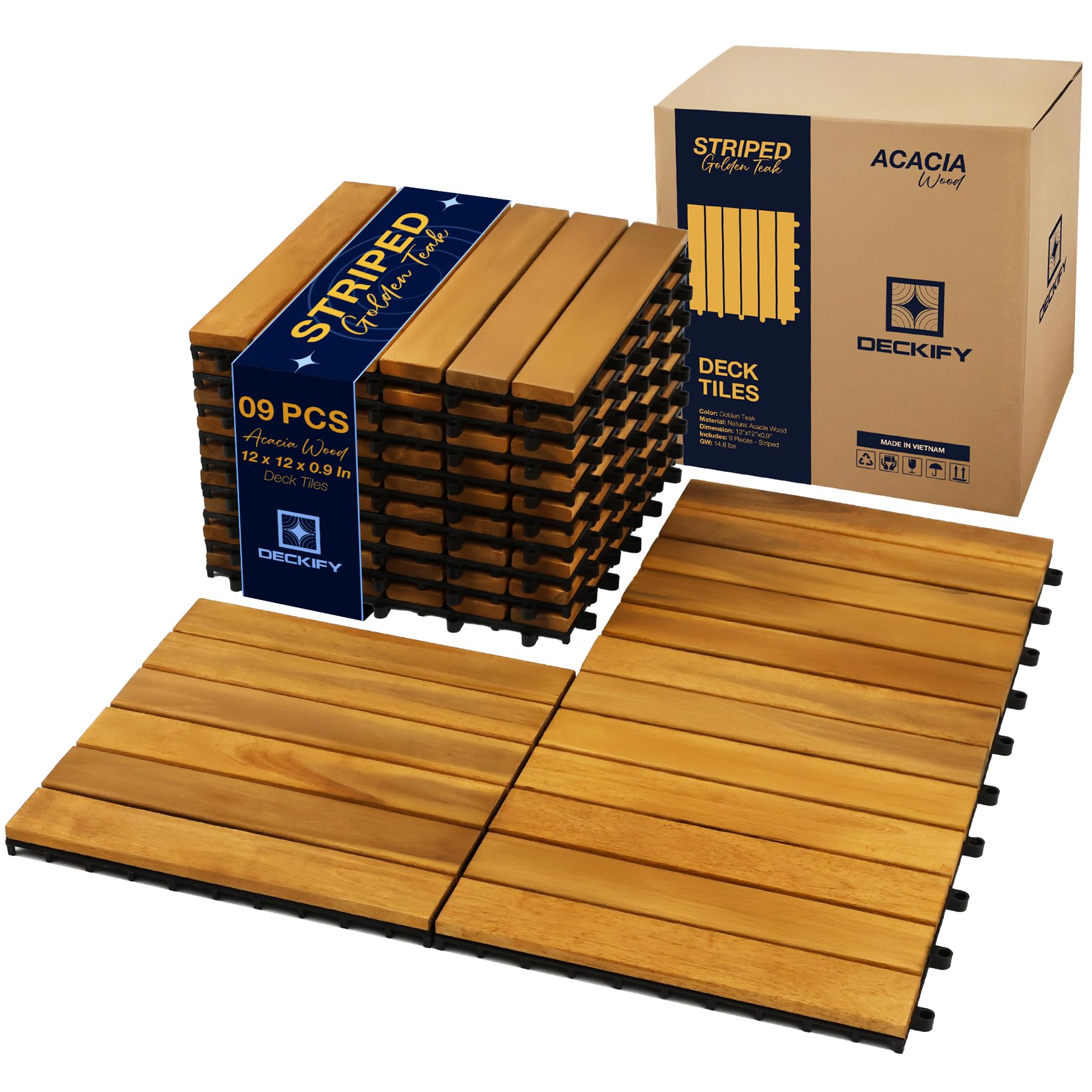 DECKIFY 9Pcs Premium Acacia Wood Interlocking Patio Deck Tiles, 12 x 12 x 0.9 Inch Outdoor Flooring, Waterproof for All-Weather Use – Striped, Golden Teak