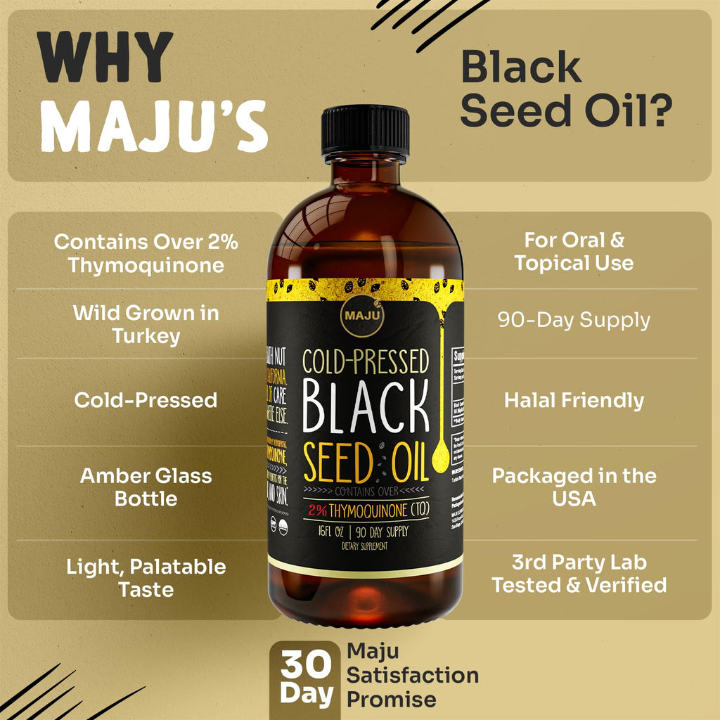 MAJU's Black Seed Oil 16oz: 3X Thymoquinone, Cold Pressed, 100% Turkish Black Cumin Nigella Sativa Seed Oil (Better Than Organic), Non-GMO, 100% Liquid Pure Blackseed, Glass Bottle