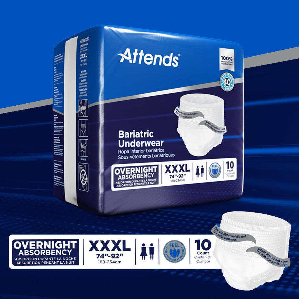 Attends Bariatric Adult Incontinence Underwear, 3X-Large (74-92"), [10 Count] - Overnight Absorbency for Men and Women, Disposable Pull-On Diapers with Tear-Away Sides, AU60