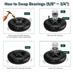 Upgraded 16" Flat Free Wheelbarrow Tire and Wheel, 4.80/4.00-8 Heavy Duty Solid Tire with 5/8" & 3/4" Bearings, 3"-7" Adjustable Hub - Universal for Wheelbarrows, Garden Trailer/Hand Truck - Black
