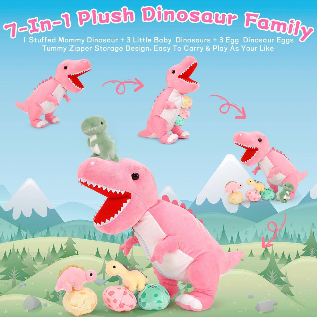 MorisMos Dinosaur Stuffed Animal with Babies, Eggs, Pink, Girl Dinosaur Toy