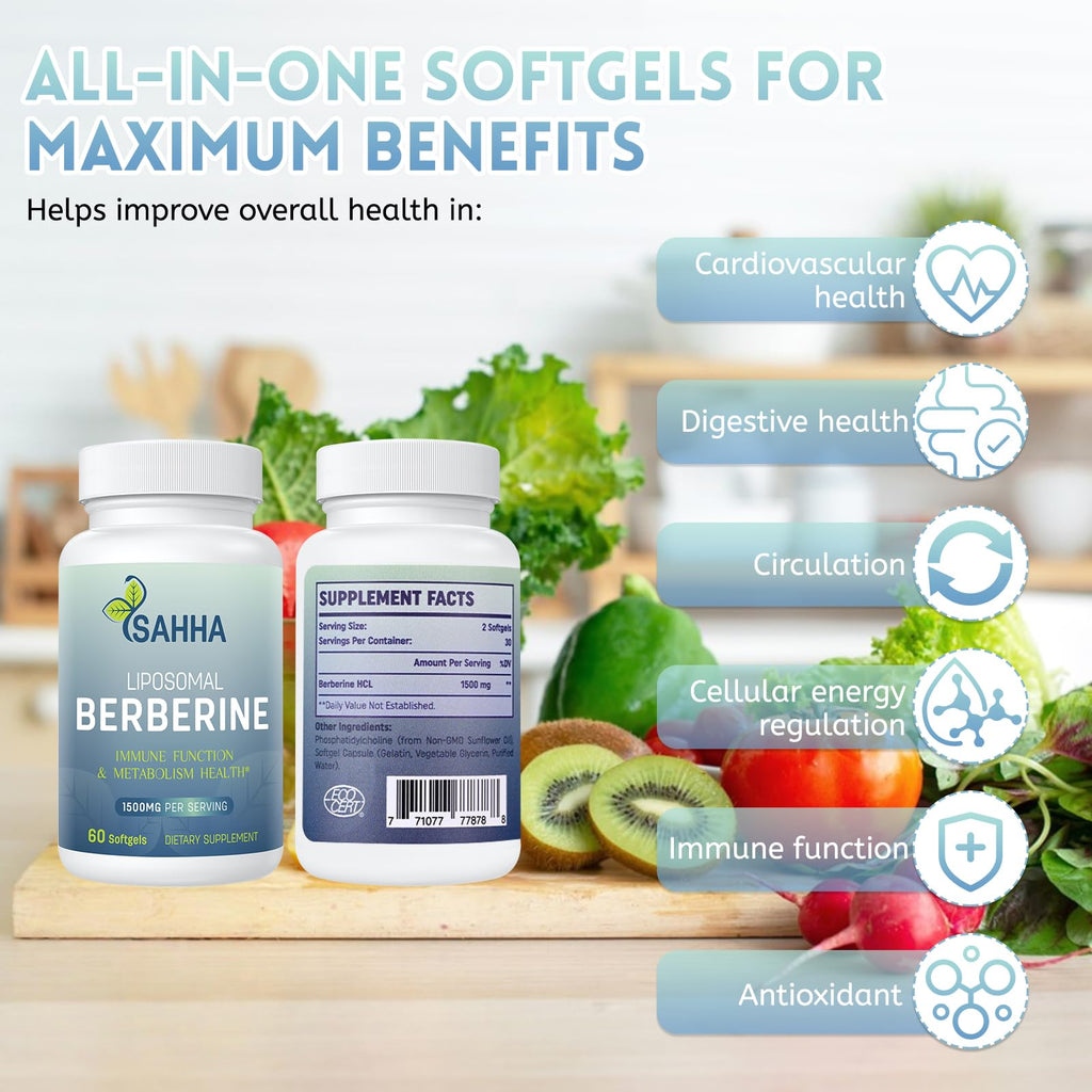 Sahha Liposomal Berberine HCL 1500mg High Bioavailability for Men and Women Overall Health Supplement（2 Pack）
