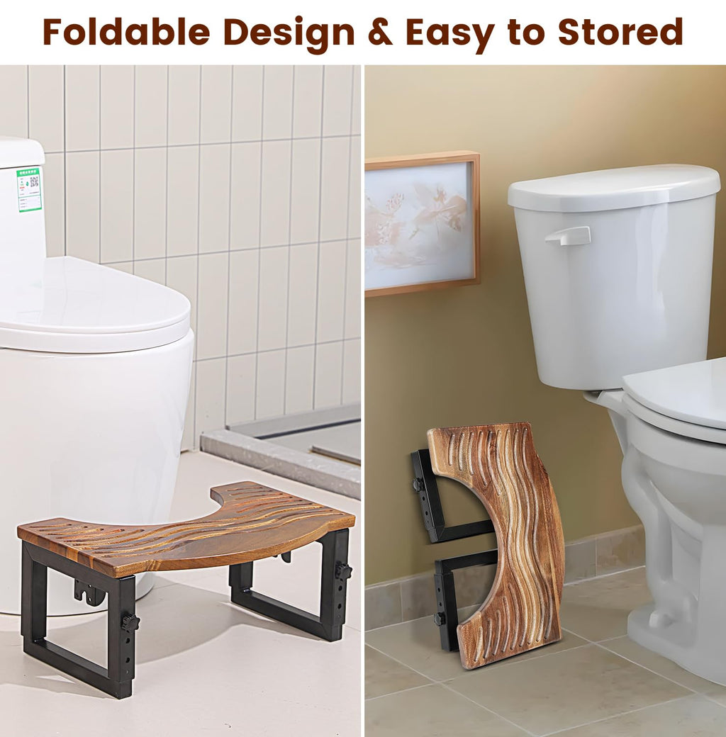 Toilet Stool Foldable,7,8,9 in Adjustable Height,Acacia Wood Poop Stool for Potty Training,Squat Potty for Adults,Squatting Position Helps Improves Bowel Health&Relieves Constipation (Patent Pending)