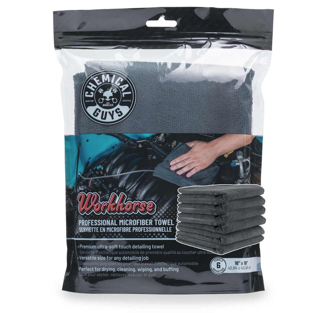 Chemical Guys MIC35306 Workhorse Professional Grade Microfiber Towel, Black (16 in. x 16 in.) (Pack of 6)