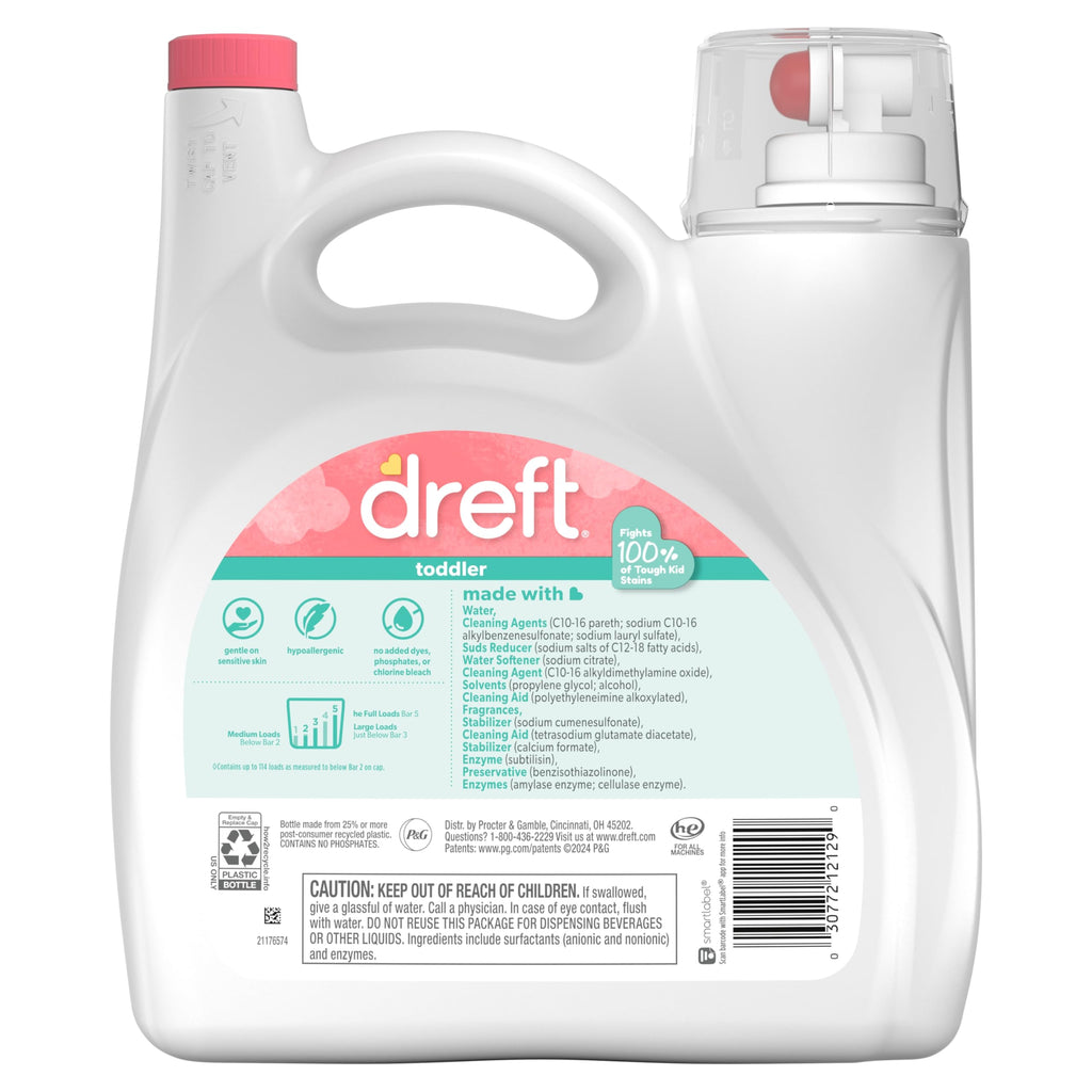 Dreft Toddler Liquid Laundry Detergent, Gentle on Sensitive Skin Laundry Soap, 150 fl oz, 114 Loads (Packaging May Vary)