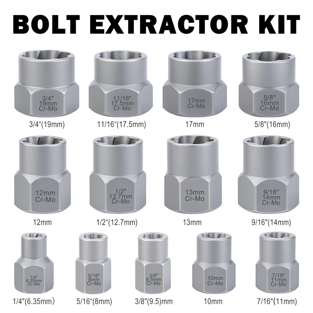 Bolt Extractor Kit, 14 PCS Impact Bolt & Nut Remover Set with 3/8 Inch Adapter, Upgrade Stripped Bolt Extractor Socket Set with Portable Tool Box, Easy Out for Rusted, Damaged, Round Bolt Nuts Screws