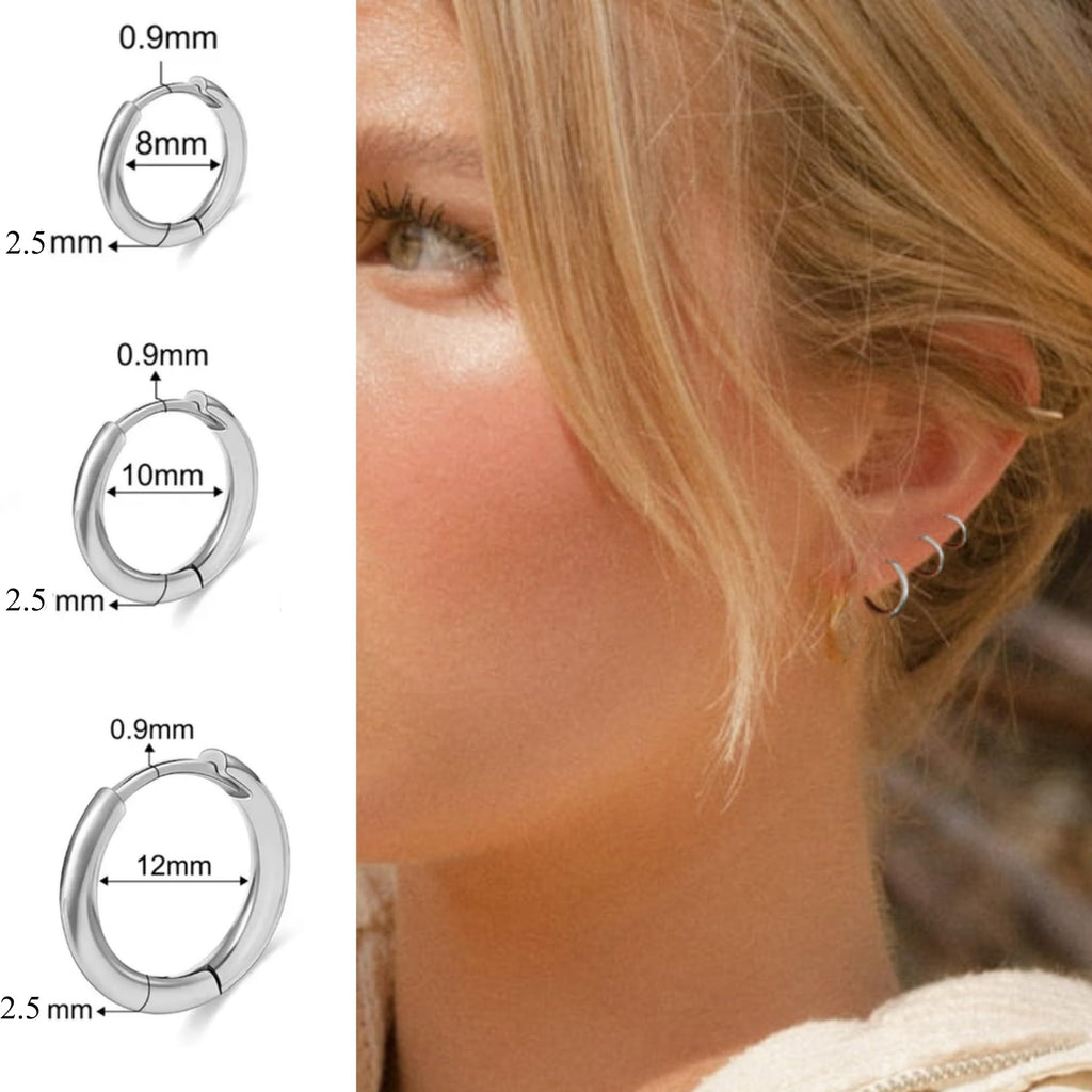 BLISI 3 Pairs ASTM F136 Titanium Silver Hoop Earrings 8mm/10mm/12mm Thick Lightweight Huggie Hoops Earrings for Women Hypoallergenic Sleeper Earrings for Sensitive Ears