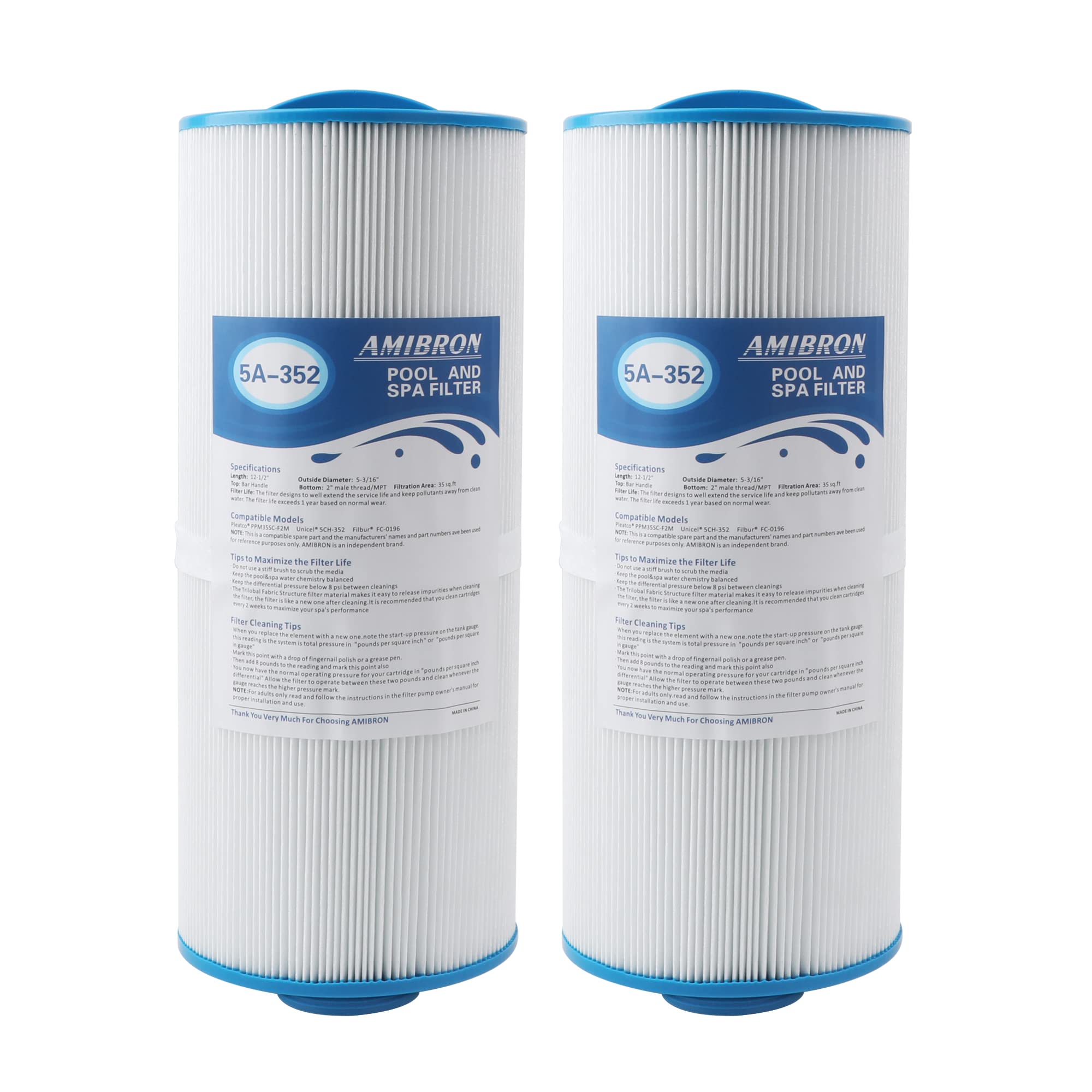AMIBRON 5CH-352 Replaces Marquis Spa Filter, Compatible With PPM35SC-F2M,FC-0196, Marquis 35, Marquis Spa 20042, 20092, 70-0240, 370-0242, 370-0243, 2" Male Fine Thread 35 sq.ft. Hot Tub Filter 2 Pack