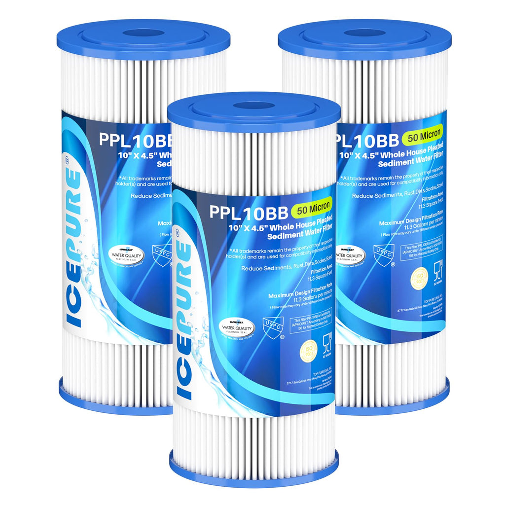 ICEPURE 50 Micron 10" x 4.5" Whole House Extra Coarse Pleated Sediment Filter for Well Water, Replacement Cartridge for GE FXHSC, Culligan R50-BBSA, DuPont WFHDC3001, W50PEHD, R50-BB, 3Pack