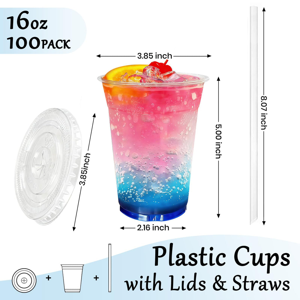 cundao 100 Pack 16 oz Clear Plastic Cups with Lids and Straws, [Leak-Proof & Crack-Resistant] Disposable Iced Coffee Cups for Smoothies, Bubble Tea, Juice and Cold Drinks, BPA Free