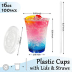 cundao 100 Pack 16 oz Clear Plastic Cups with Lids and Straws, [Leak-Proof & Crack-Resistant] Disposable Iced Coffee Cups for Smoothies, Bubble Tea, Juice and Cold Drinks, BPA Free