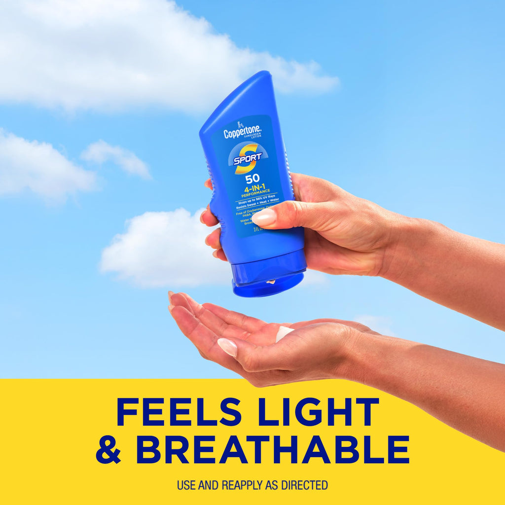 Coppertone Sport Sunscreen Lotion SPF 50, Sweat, Heat and Water Resistant Sunblock, Lightweight, Oxybenzone Free, Travel Size Sunscreen Bulk Pack, 3 Fl Oz Bottle, Pack of 6