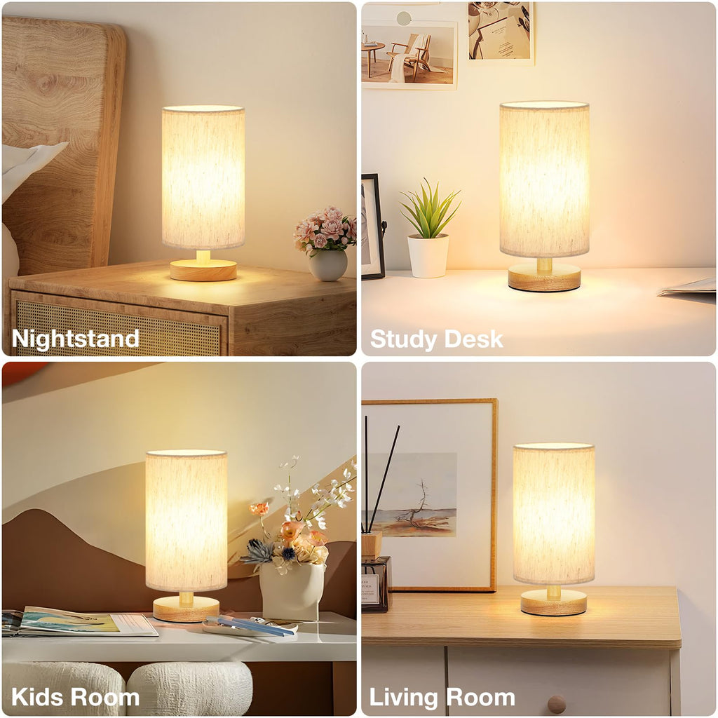 Fenmzee Small Lamps Set of 2 - Inline Control, Bedside Table Lamp for Bedroom with 3000K A15 LED Blub, Easy Assembly (Cream Shade - Wood Base Set of 2, 9" Inline Control)