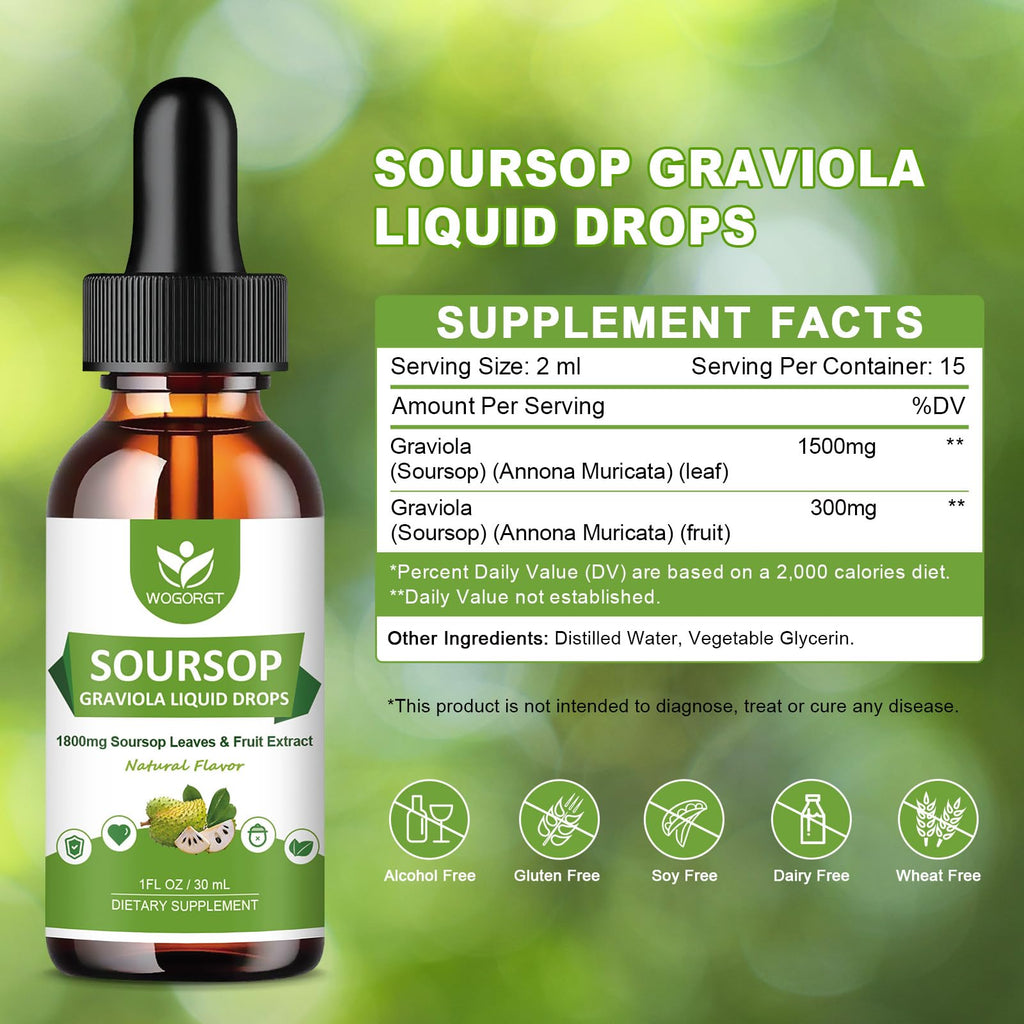 (4 Pack) Soursop Graviola Bitters Liquid Drops - Cell Support & Regeneration, Immune Support, Antioxidant, 1800mg Soursop Extract, High Absorption Sour sop Liquid Drops, Natural Flavor, 1 Fl Oz