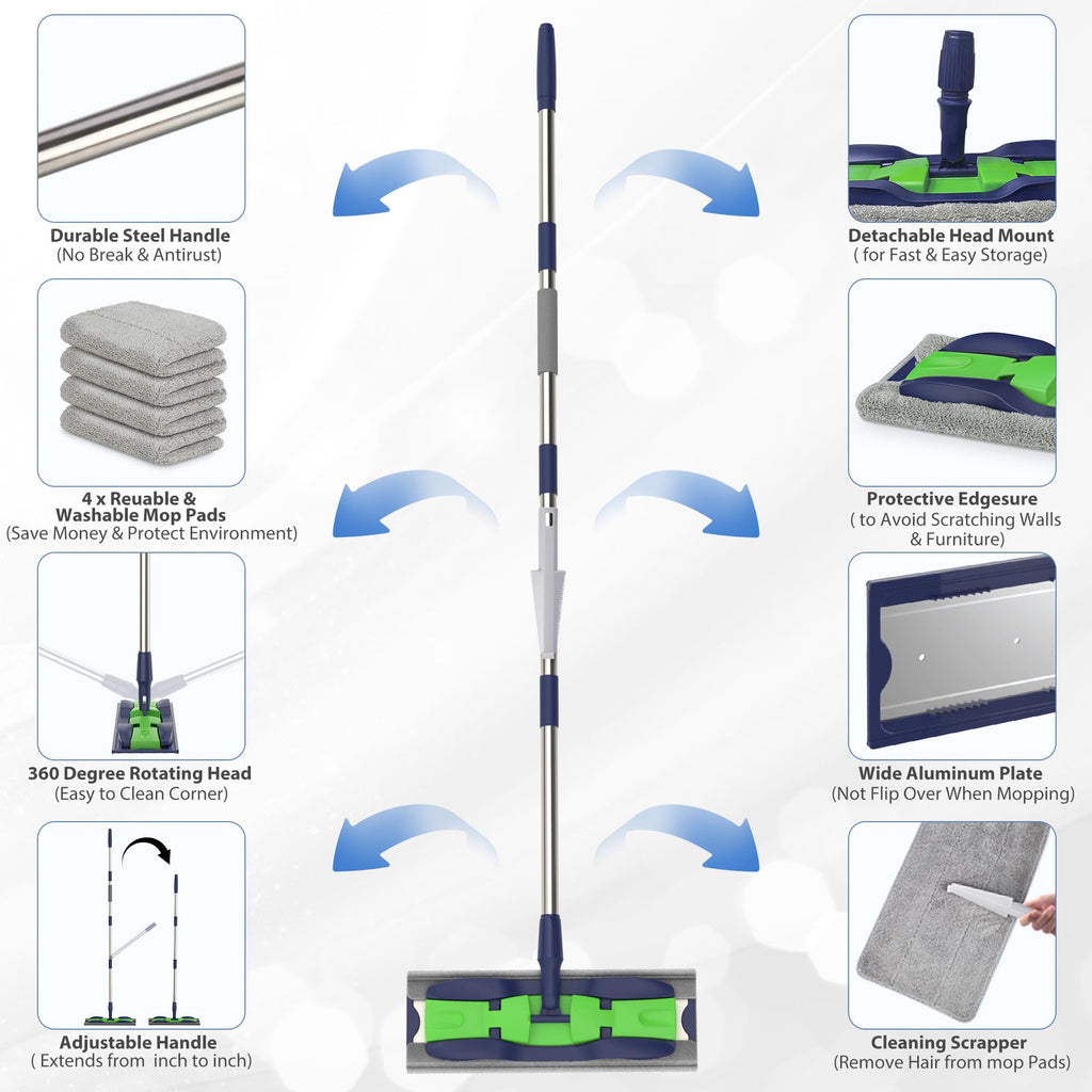 Microfiber Mops for Hardwood Floor Cleaning: MEXERRIS Flat Floor Mop with 4 Washable Pads 59" Adjustable Handle - Dust Dry Mops for Kitchen Bathroom Tile Laminate Wood Vinyl - Home Commercial Mop
