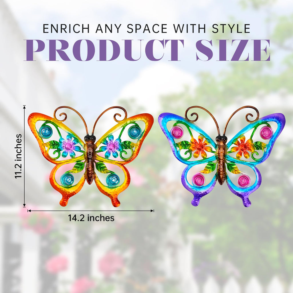 YIWEMON 2 Pack Metal/Glass Butterfly Wall Decor, 14.2" Outdoor Fence Wall Art Decor, Wall Sculpture Hanging Decoration Perfect for Garden Yard Living Room Bedroom Patio Balcony