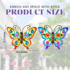 YIWEMON 2 Pack Metal/Glass Butterfly Wall Decor, 14.2" Outdoor Fence Wall Art Decor, Wall Sculpture Hanging Decoration Perfect for Garden Yard Living Room Bedroom Patio Balcony