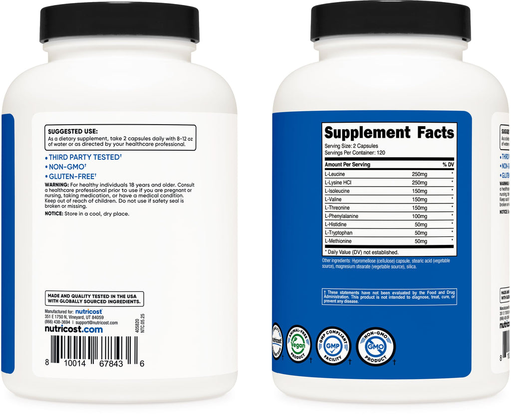 Nutricost EAA Capsules 1200mg, 240 Capsules - Essential Amino Acids, 120 Servings - Non-GMO, Gluten Free & Vegan