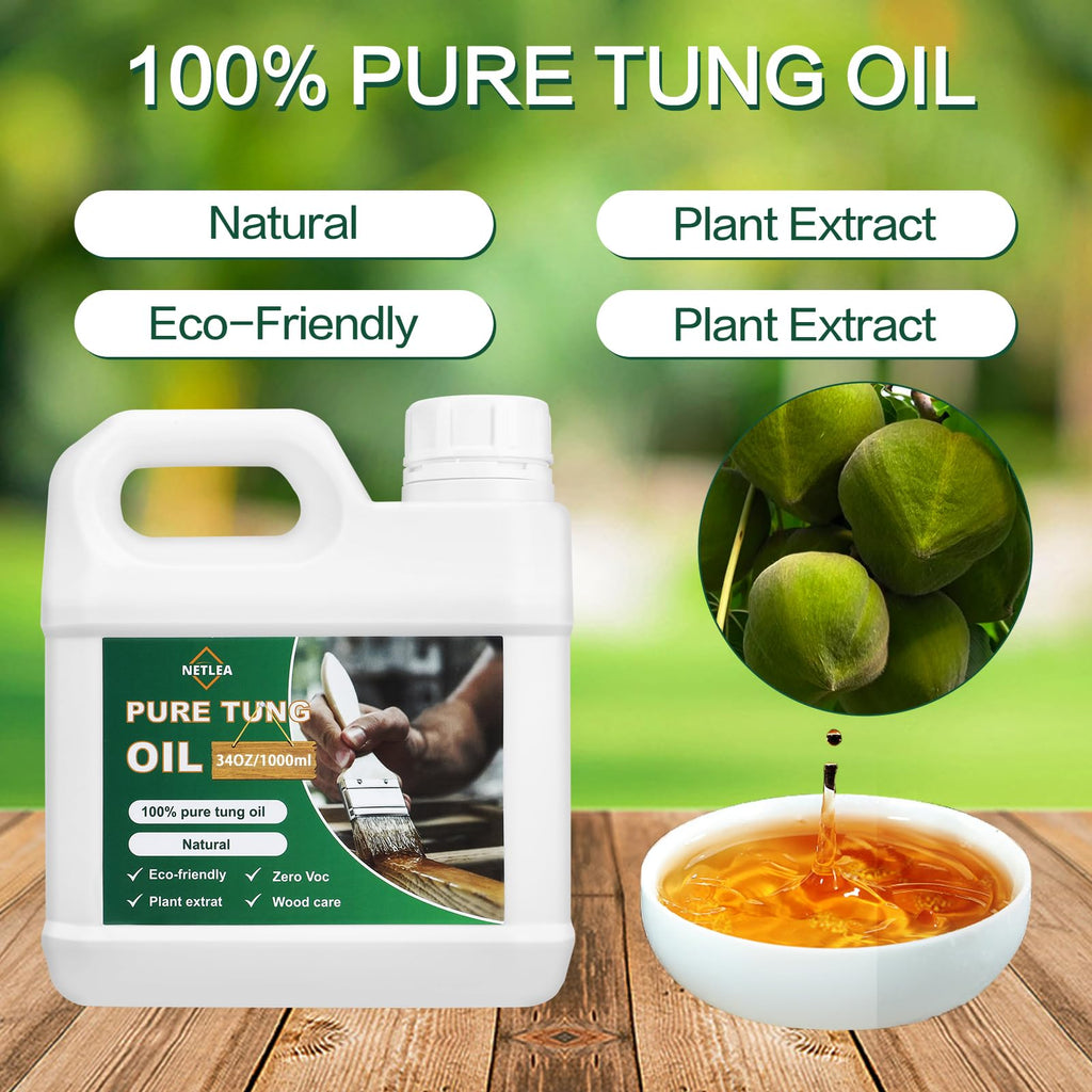 NetLea 34oz 100% Pure Tung Oil for Wood Finish,Food Safe for Furniture,Countertop,Cutting Board,Indoor & Outdoor Furniture,Wood Floor