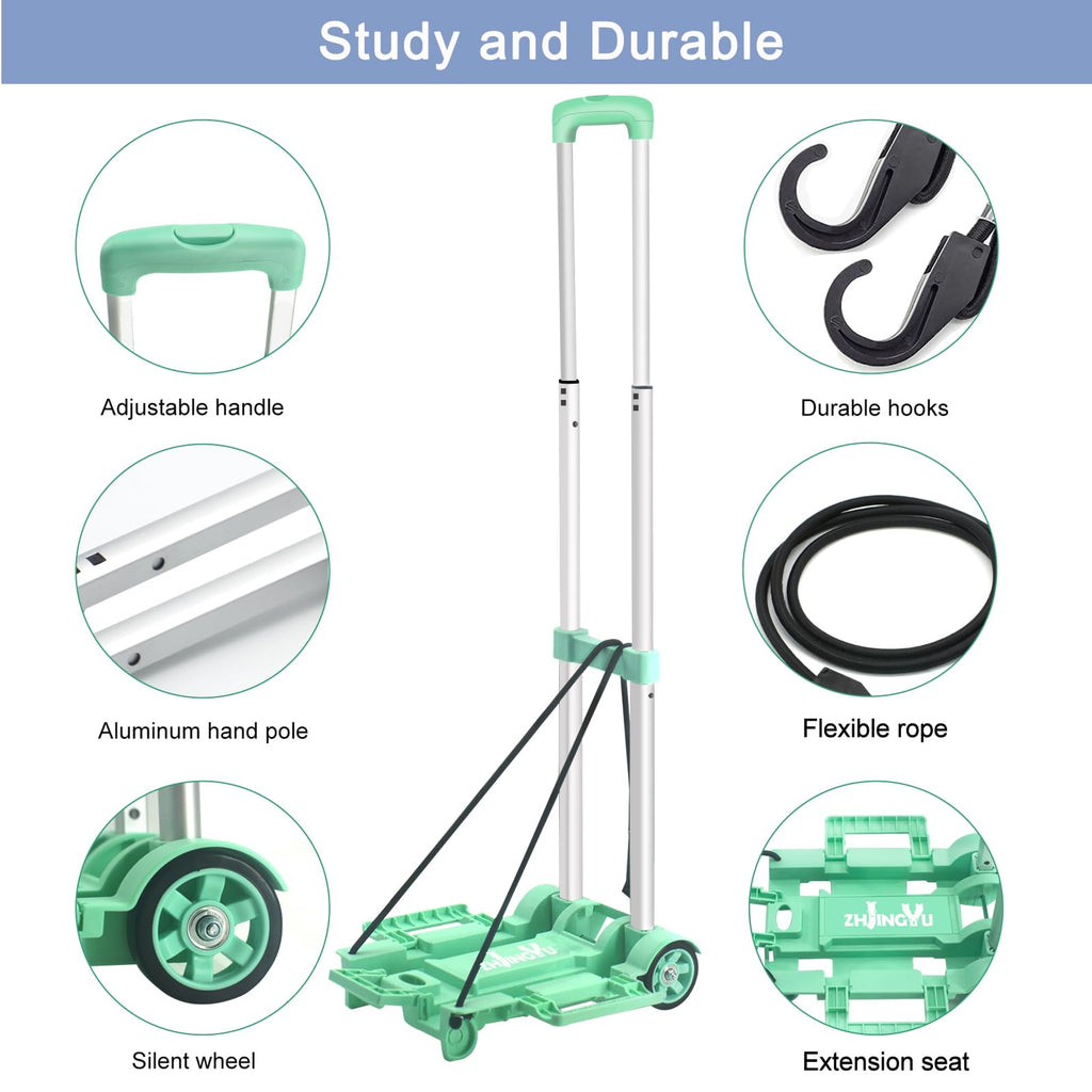 Folding Hand Truck Dolly Cart,Collapsible Shopping Trolley,Mini Lightweight Hand Dolly,Backpack Trolley,Luggage Cart,Aluminum Telescopic Rod,2 Wheel Trolley Expandable Large Chassis,Mint Green