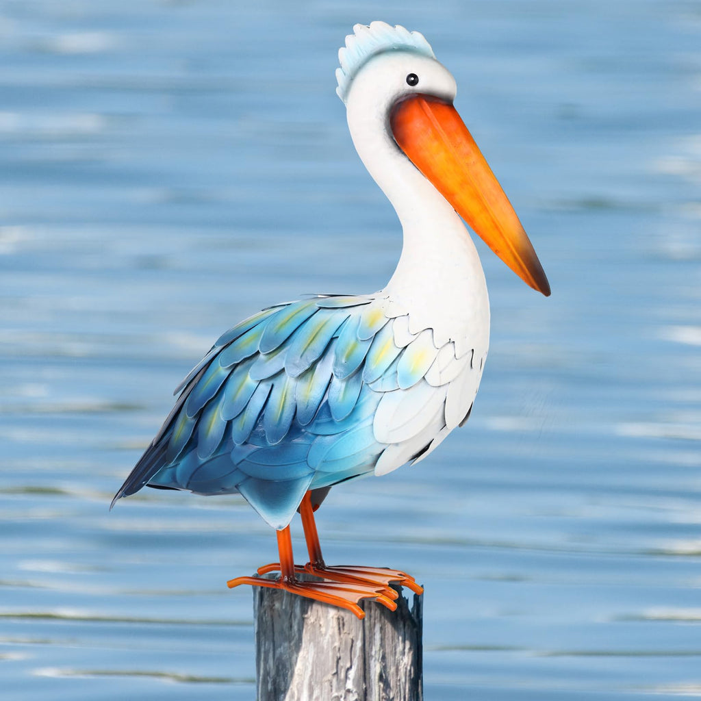 Ratuor Pelican Statues Metal Garden Decor Coastal Blue Heron Yard Art Sculpture Ornament for Backyard Porch Patio Pond Decor