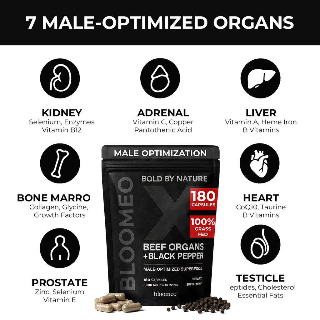 Bloomeo Beef Organ Supplement for Men | 100% Grass Fed Beef Liver Capsules with Bull Testicle, Prostate, Bone Marrow & More X: Ancestral Superfoods for Vital Energy, Immunity & Men’s Health, 180 ct