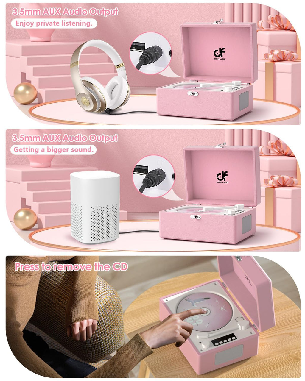 CD Player with Stereo Speakers, Wireless Bluetooth Input/Output Transmission, Rechargeable Battery, USB Retro CD Player Desktop for Home Party Decorations - Pink