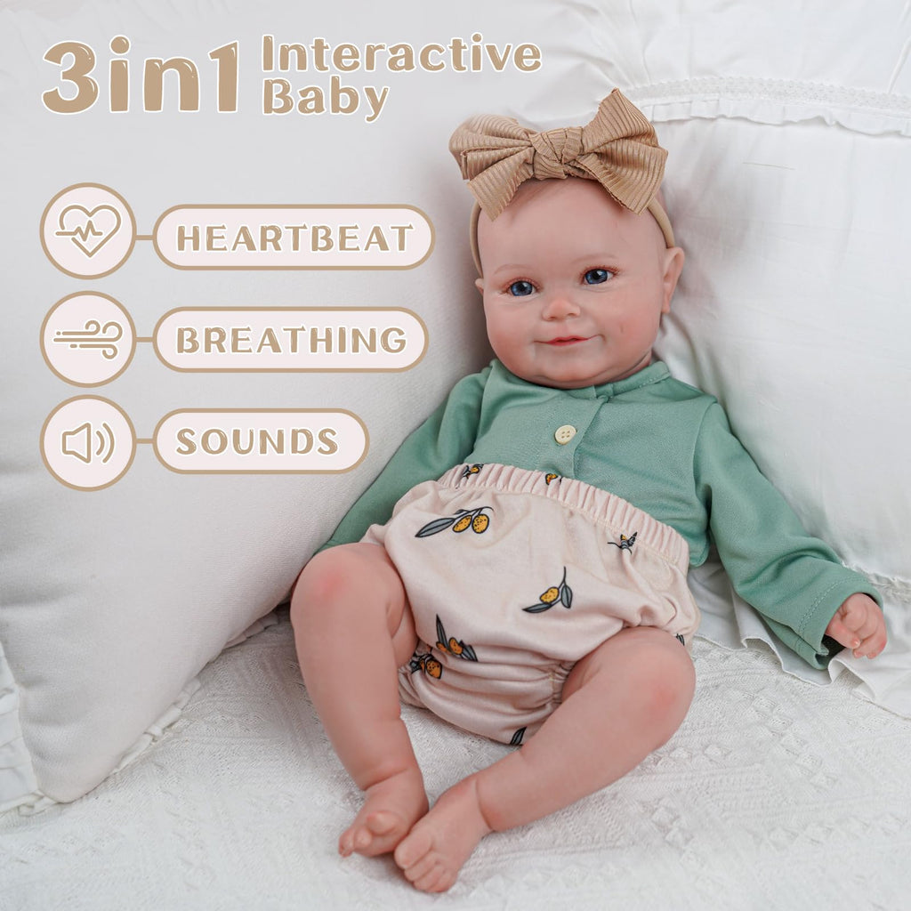 BABESIDE 3-in-1 Interactive Reborn Baby Dolls with Breathe Heartbeat Coos, 20Inch Soft Vinyl Poseable Realistic Baby Dolls Cute Smiling Real Life Baby Doll for 3+ Years Old Girls