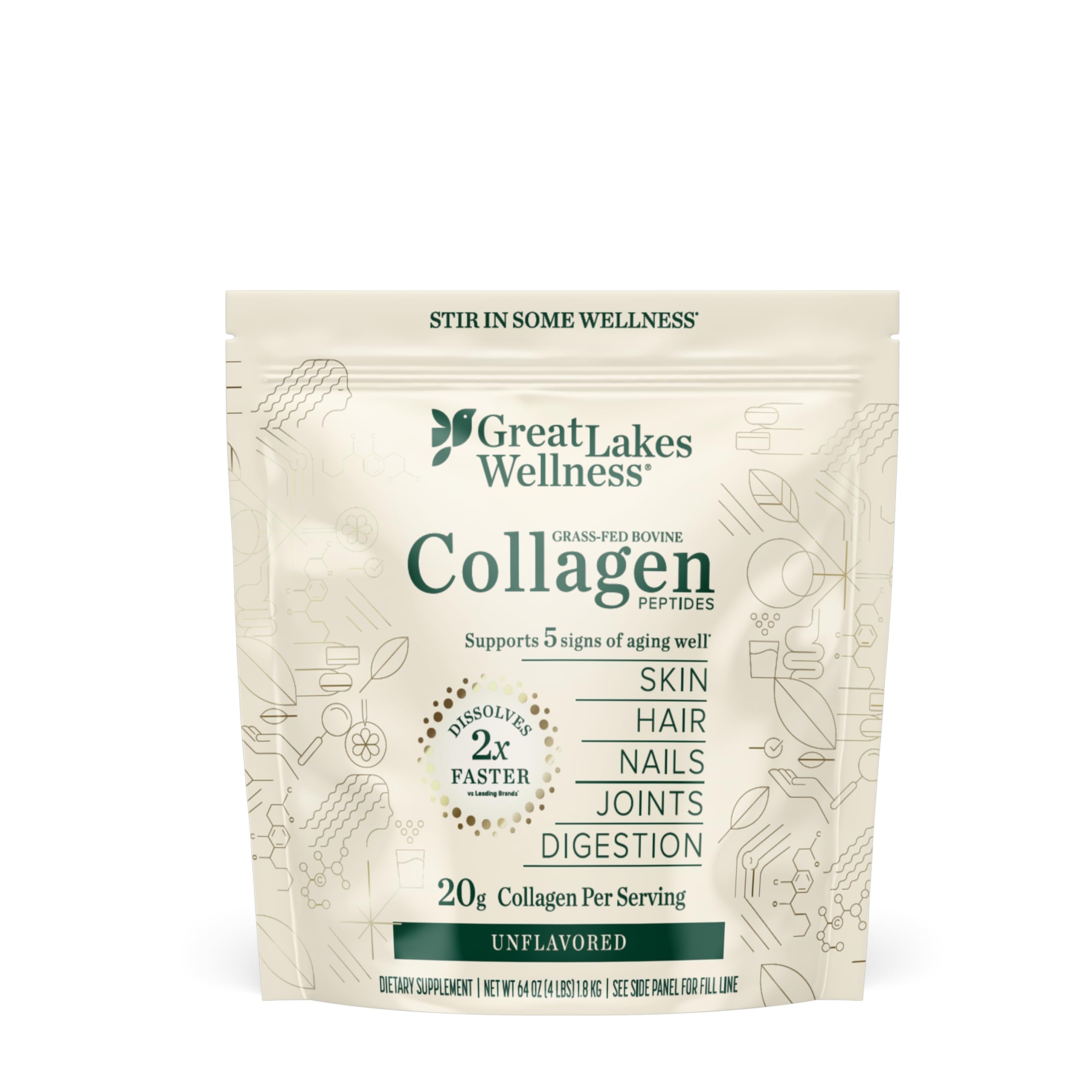 Great Lakes Wellness Collagen Peptides Powder for Skin, Hair, Nails, Joints & Digestion - Unflavored - Quick Dissolve Hydrolyzed, Non-GMO, Keto, Kosher - 4 lb. Value Pouch