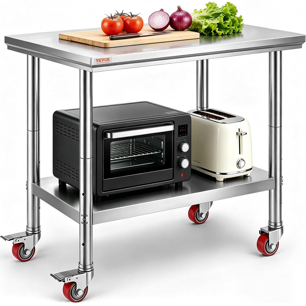 Vevor Mophorn Stainless Steel Work Table 36x24 Inch with 4 Wheels, Casters Heavy Duty Food Prep Worktable for Commercial Kitchen Restaurant, Silver