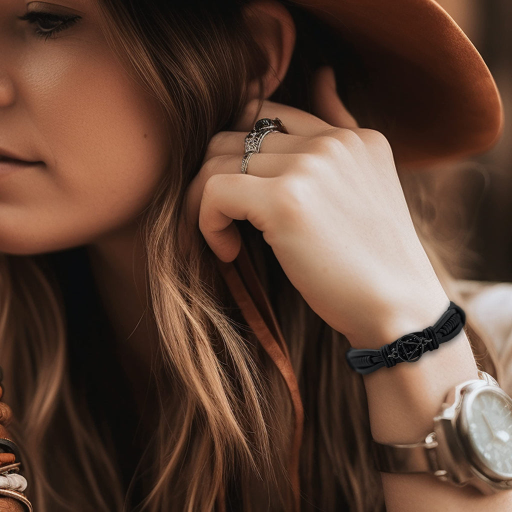 Adjustable Black Leather AA Bracelet with Alcoholics Anonymous Charm