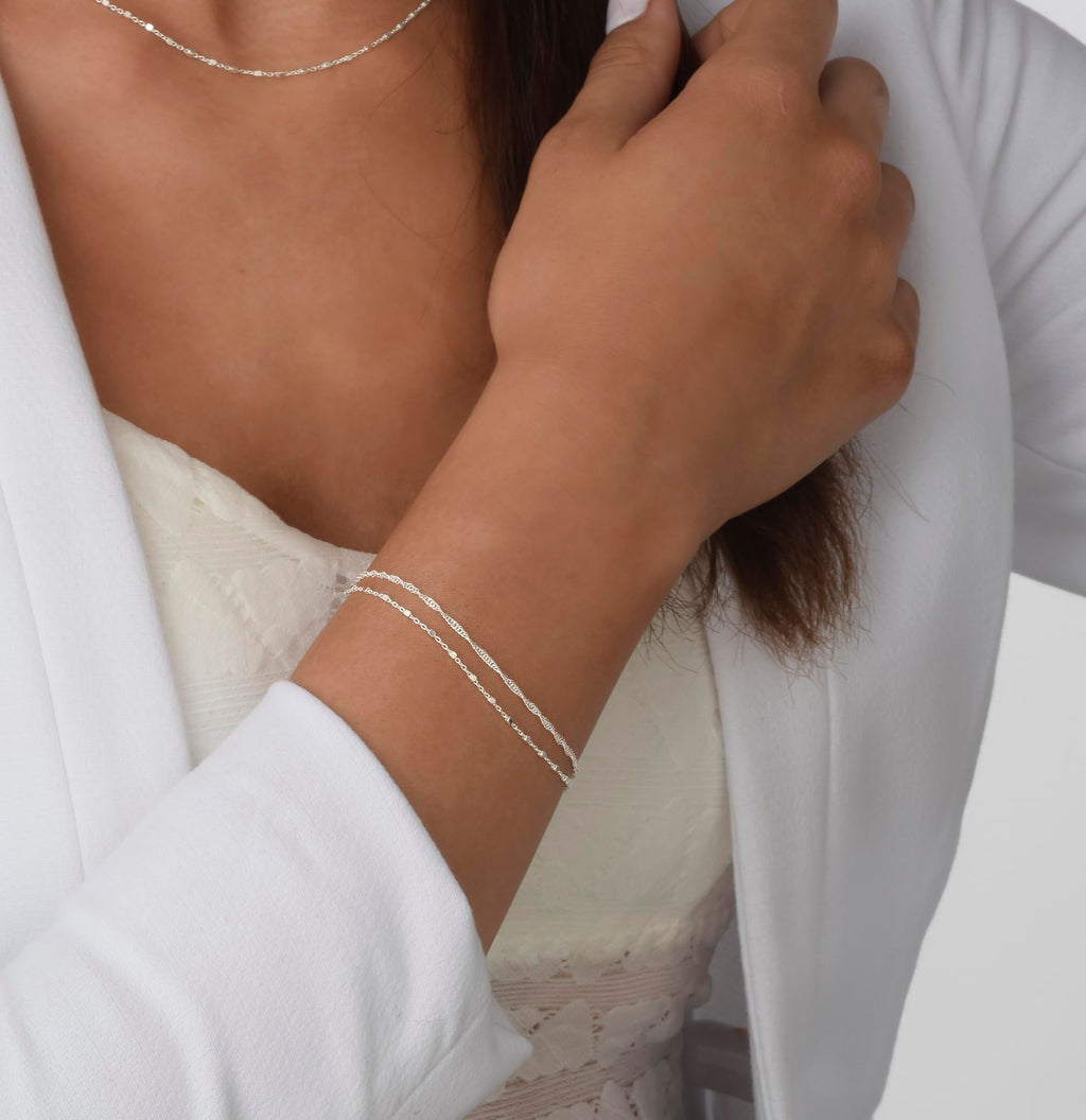 Annika Bella Double Stranded Sterling Silver Bracelet for Women, Dainty Waterproof Chain Bracelet for Women, Teen (Twirl & Satellite Chains)