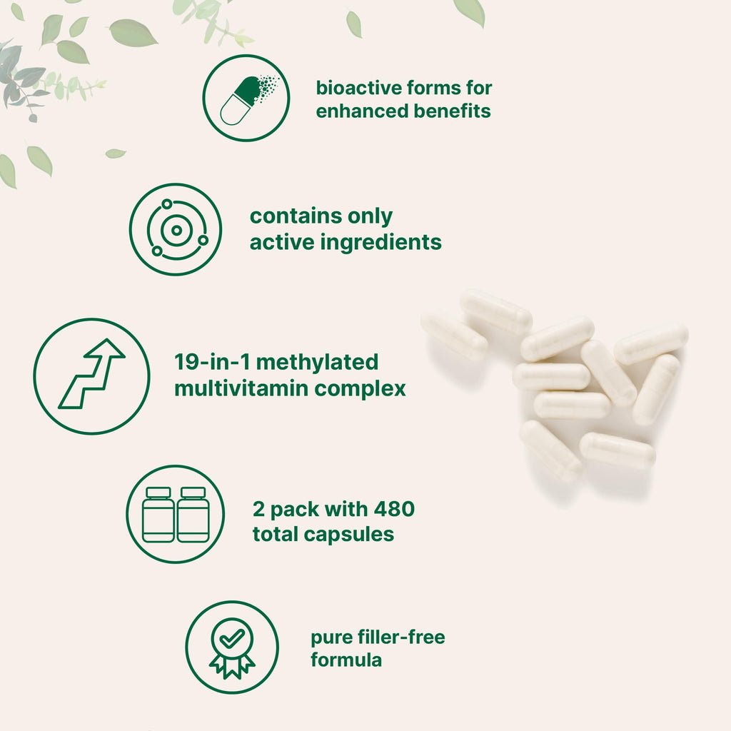 Micro Ingredients 2 Pack Pure Methylated Multivitamin, 480 Capsules | 19-in-1 Formula with Vitamins C, D, B12, Folate, Magnesium, Zinc, & More | Supports Daily Wellness & Immune Health | Filler Free
