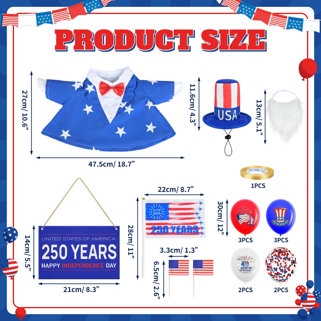 MOVINPE 4th of July Porch Goose Outfit, 250th Anniversary Patriotic Costume Set for 23'' Lawn Goose Statues – Door Sign, Dress Coat, Top Hat, Fake Beard, Flags & Balloons Uncle Sam Lawn Decor