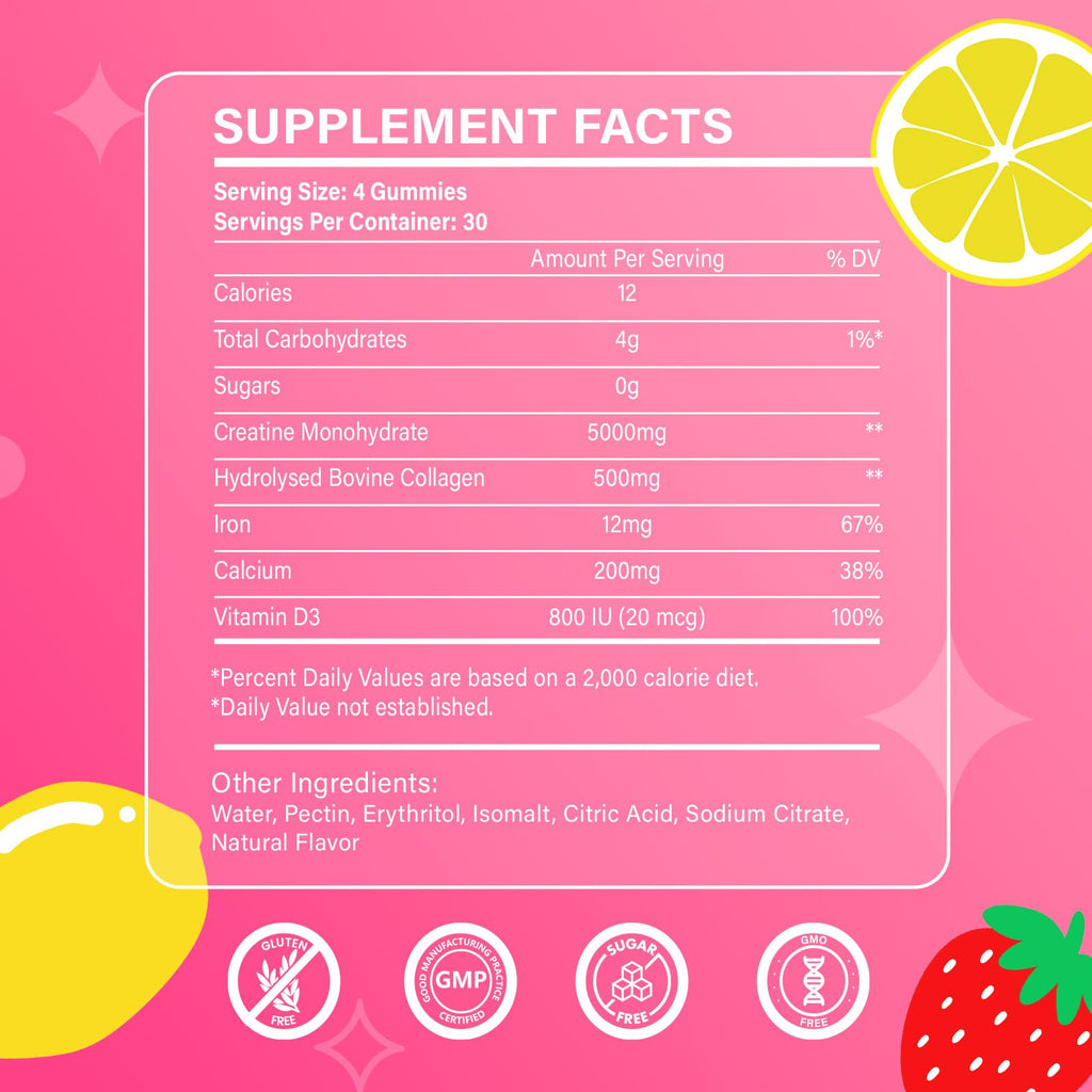 Creatine for Women, Creatine Monohydrate Gummies with Collagen, Vitamin D3 & Calcium for Muscles, Booty & Energy, Flavored Sugar Free Creatine Gummies Post & Pre Workout Supplements for Women, 120 Ct