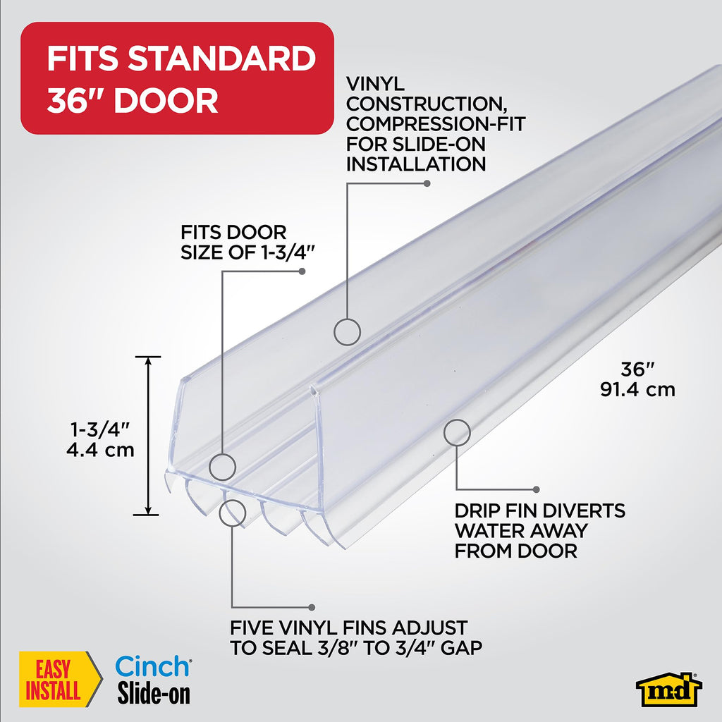 M-D Building Products Vinyl Cinch U-Shape Door Bottom Seal, Slide-On Weatherstripping Draft Stopper, Easy to Install, Fits 36” x 1-3/4” Doors, Fills 3/8”- 3/4” Gaps, 43338, Clear