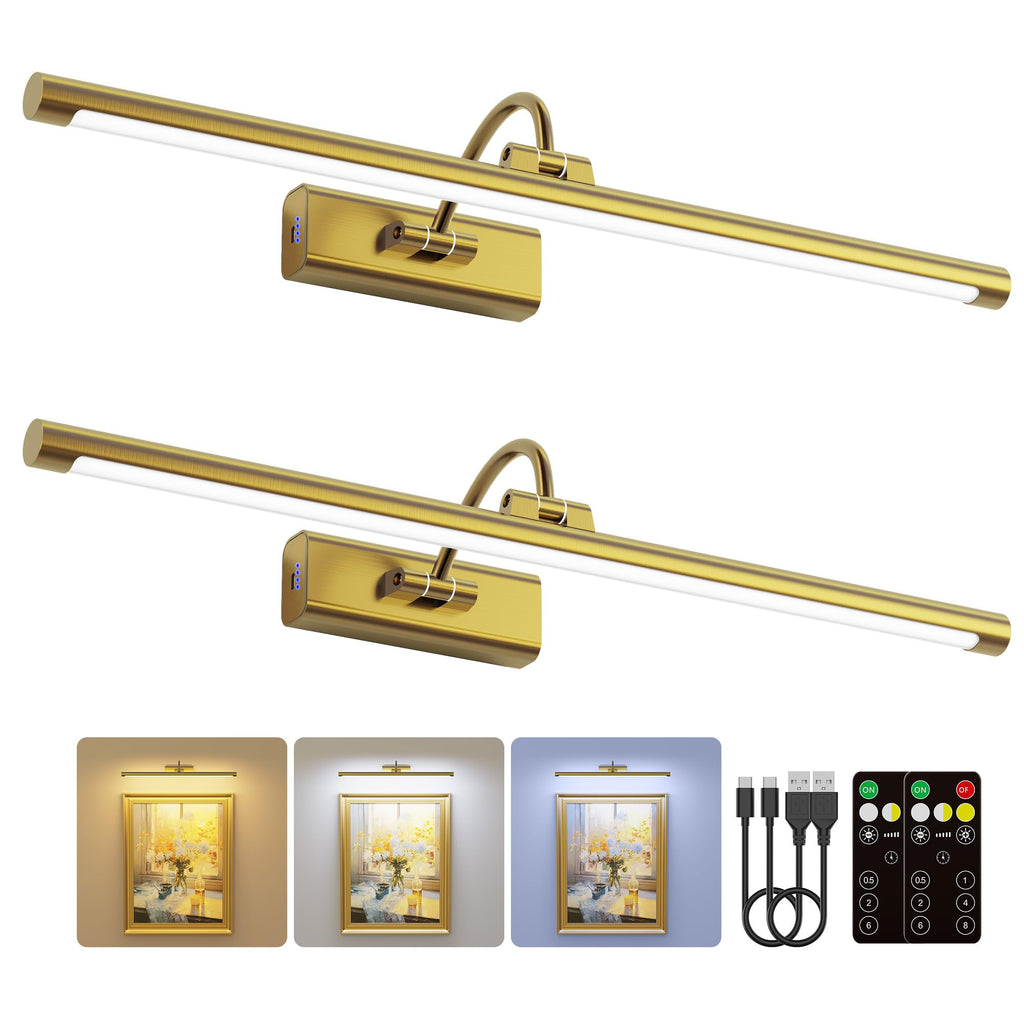 Craftersmark 2 Pack 24" Brass Gallery Picture Lights - 8000mAh Rechargeable Battery Powered Wireless Lighting for Large Gallery, Museum & Living Room