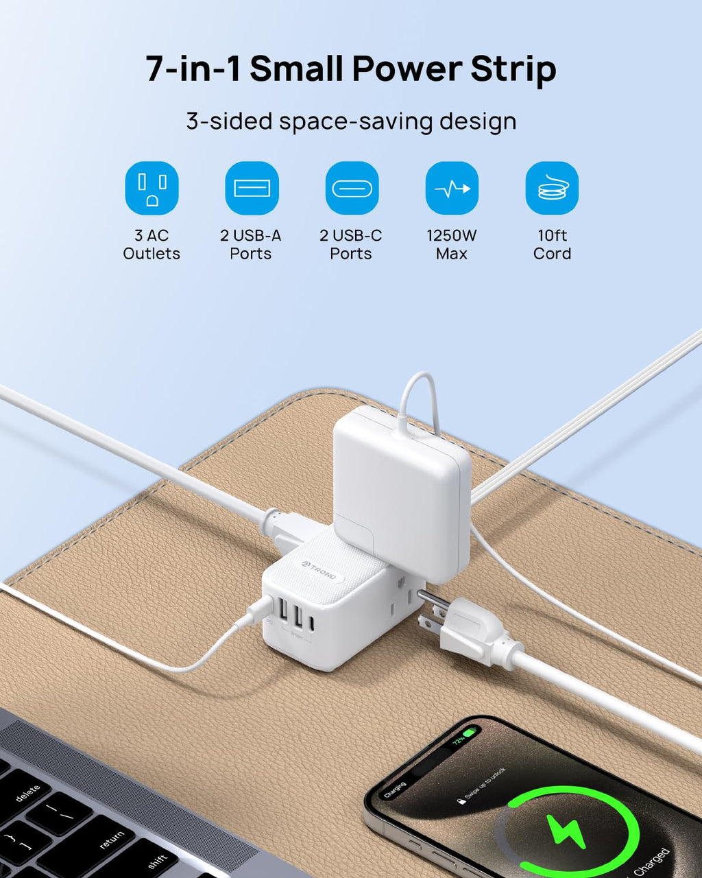 TROND 20W USB C Travel Power Strip - Ultra Thin Flat Plug, Small 10ft Long Extension Cord Wall Mount, 3 Side Outlet Extender for Nightstand, Dresser, Couch, TV, Cruise Essentials, White