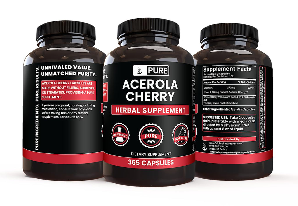 PURE ORIGINAL INGREDIENTS Acerola Cherry (365 Capsules) No Magnesium Or Rice Fillers, Always Pure, Lab Verified
