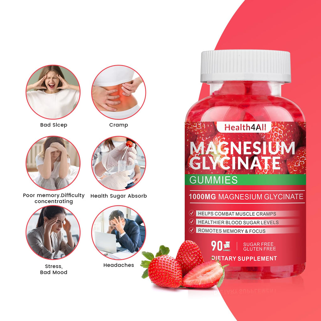 Magnesium Glycinate Gummies 1000mg, High Absorption Sugar Free Magnesium Potassium Supplement for Relaxation, Stress Relief, and Sleep Support for Adults & Kids - 180 Strawberry Gummies